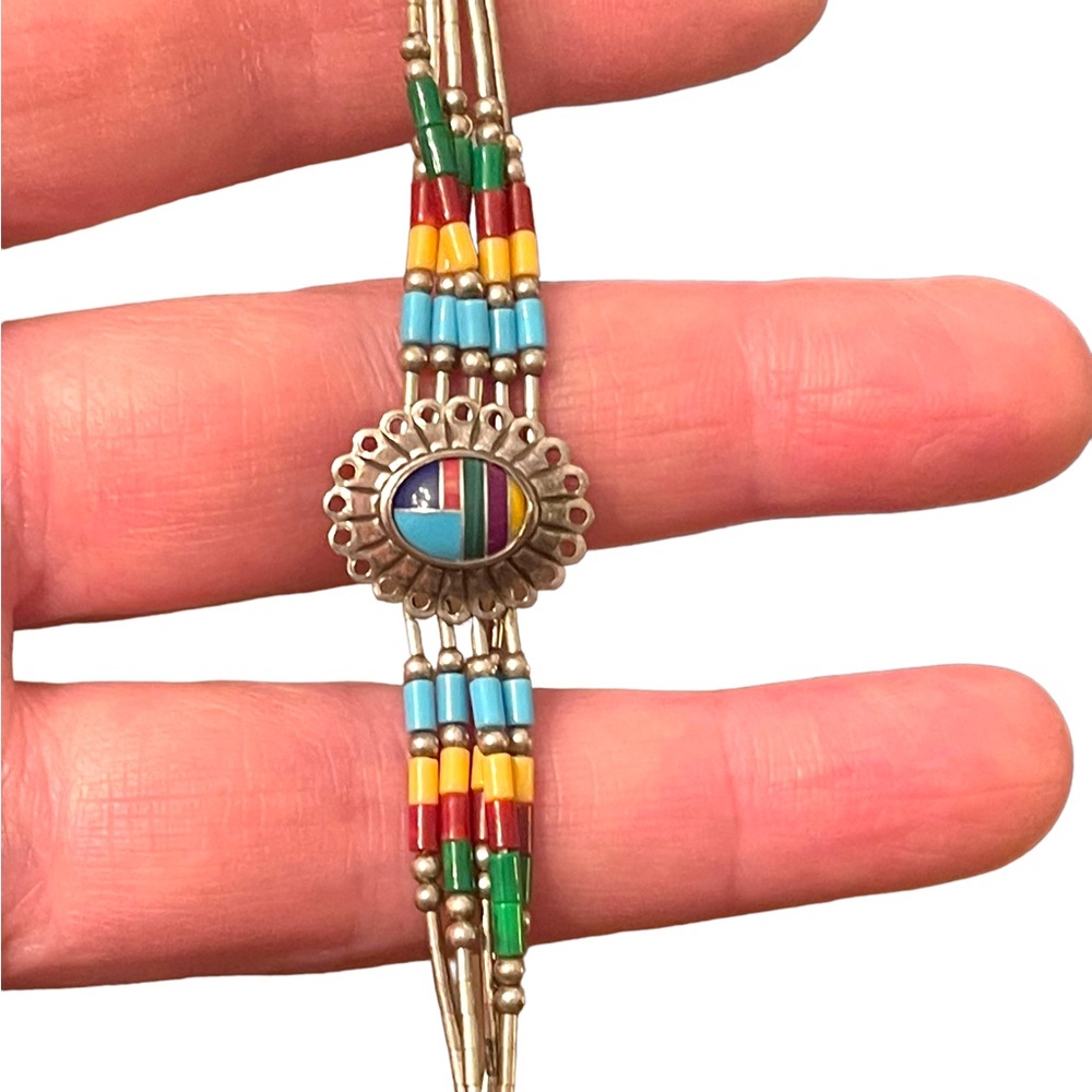 Vintage Native Southwestern ZUNI Seed bead Sterling silver stone Inlay bracelet - Picture 2 of 9